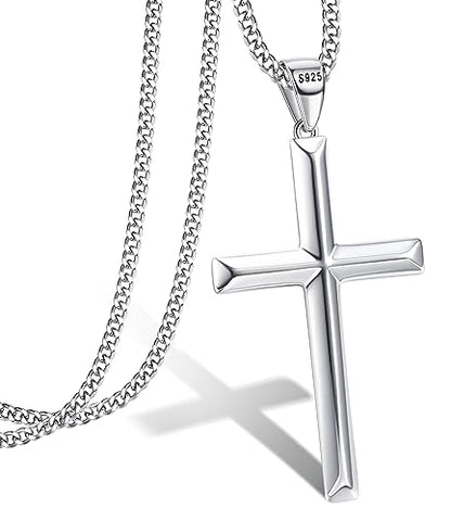 MILACOLATO Solid S925 Sterling Silver Cross Necklace for Men Women | 2mm Durable Sterling Silver Cuban Link Curb Chain Cross Pendant Necklace | Crucifix Cross Pendant Necklace Jewelry 16-24 Inches - style: 14 Inches Chain + 2 Inches Necklace Extender