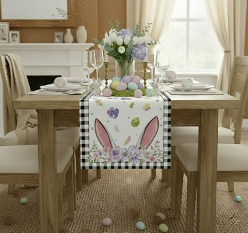 Easter Table Runner 72 Inches Long, Watercolor Bunny Ears with Purple Flowers, Spring Plaid Table Runner for Kitchen Dining, Buffalo Check Rabbit Easter Decorations for Home Indoor Outdoor Party - style: Buffalo Plaid Bunny