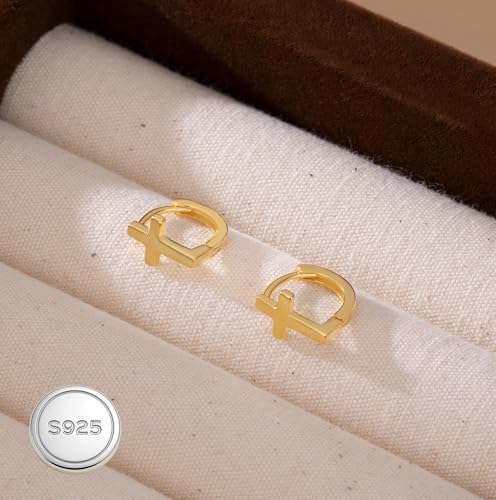 Reffeer Solid 925 Sterling Silver Cross Hoop Earrings for Women Teen Girls Small Cross Huggie Earrings Cartilage Helix - color: B-Yellow
