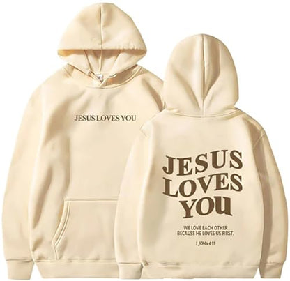 PANOZON Jesus Loves You Hoodie Christian Faith Religious God Tops Man Woman Pullover Sweatshirt Longsleeve - color: 3-beige, size: 3X-Large