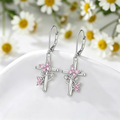 Butterfly Earrings for Women 925 Sterling Silver Birthstone Butterfly Cross Rose Dangle Earrings Elegant Butterfly's Jewelry Gift for Birthday Valentines Day Christmas - color: 10-October