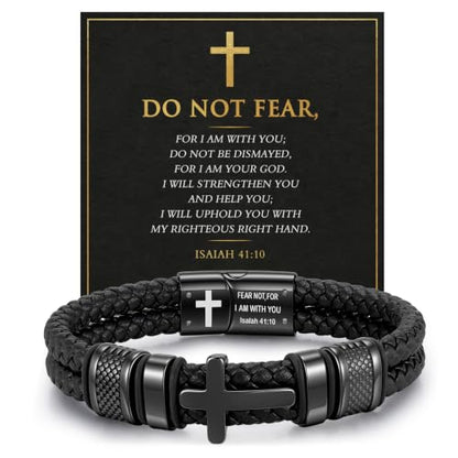 Christian Cross Bracelet Gift for Men, Double-Row Braided Leather Bracelet - color: ISAIAH 41:10, size: Fits Wrist 7.1-7.5 Inches