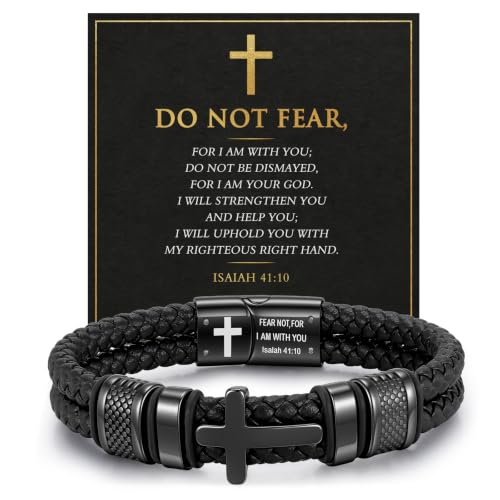 Christian Cross Bracelet Gift for Men, Double-Row Braided Leather Bracelet - color: ISAIAH 41:10, size: Fits Wrist 7.9-8.3 Inches