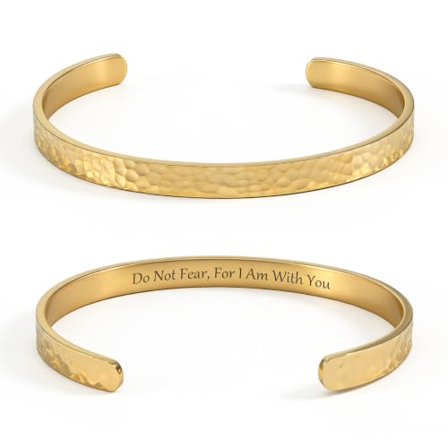 Inspirational Bible Verse Cuff Bracelet for Women, 18K Gold Plated Hammered Bangle, Christian Faith Jewelry Gift, Adjustable Non Tarnish - color: Do not fear,for I am with you-Hammered Gold
