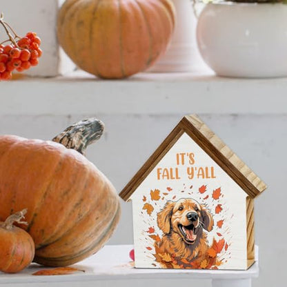 Fall Dog Decorations, Golden Dog Maple Leaves House Shaped Wood Block Sign - color: Its