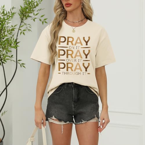 Tuislay Christian Shirts for Women Pray On It Pray Over It Pray Through It T Shirt Faith Graphic Tees Jesus Religious Tshirts - color: Apricot, size: X-Large