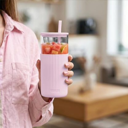 SANDJEST Glass Water Bottle with Silicone Sleeve 20oz, Glass Tumbler with Straw and Lid, Smoothie and Iced Coffee Cup, Gifts for Women Teen Girls Birthday Christmas (Lilac Dreamer) - color: Lilac Dreamer