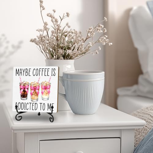 Coffee Bar Sign, Coquette Pink Bow Coffee Wooden Plaque With Iron Stand - color: Iced Coffee