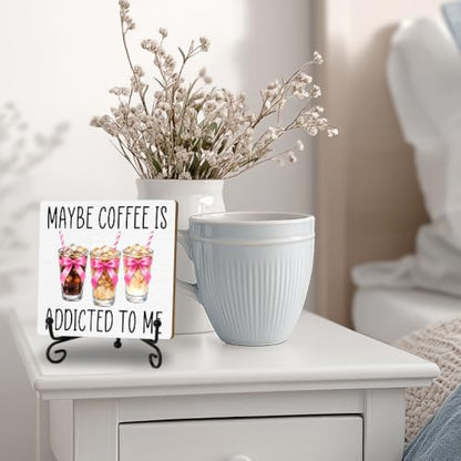 Coffee Bar Sign, Coquette Pink Bow Coffee Wooden Plaque With Iron Stand - color: Iced Coffee