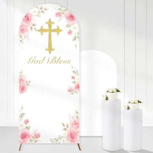 Pink God Bless Arch Backdrop Cover 6.1ft x 2.6ft (185 × 80cm) Floral Stretch Fabric Arch Stand Cover for Girl God Bless Party Religious Celebration Church Event Decoration Washable Reusable - color: pink gold bless