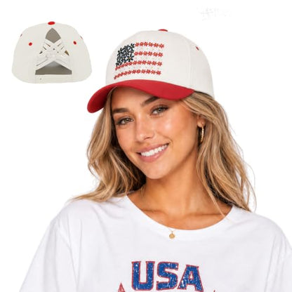 C.C Women's Criss-Cross Ponytail Trucker Hat - Snapback, One Size - color: Floral Flag-red