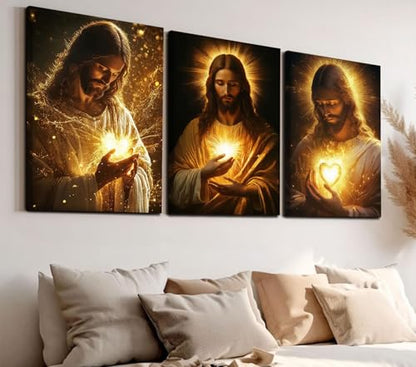 Jesus Canvas Wall Art, 3 Piece Gallery Wrapped Christian Prints, 12x16 - color: Sacred Heart of Jesus, size: 16"L x 12"W