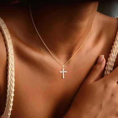 Cross Necklace For Women,14K Gold Plated Small Dainty Colorful Beaded Cubic Zirconia Diamond Double Layered Cross Pendant Choker Necklaces For Women,Christian Easter Religious Jewelry Gifts - style: Round CZ Cross-Gold