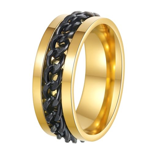 Mens Fidget Rings Anxiety Ring for Men 6mm 8mm Chain Spinner Ring Size 5-14 - color: Gold Black