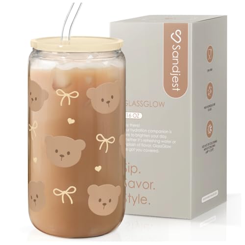 SANDJEST Bear Glass Can, Iced Coffee Aesthetic Cup, Gift for Christmas Birthday, Gifts for Women Girls, 16oz - color: Bear