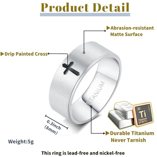 Cross Rings for Men, Premium Pure Titanium Rings for Men Lord Jesus Christian 8MM Black Silver Mens Wedding Ring Comfort Fit Matte Size 6-13 - color: Silver