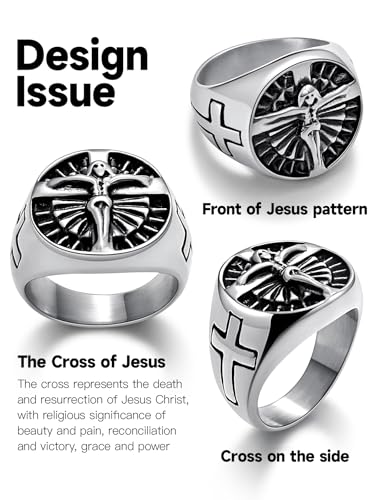 Christian Cross Rings for Men - Stainless Steel Jesus Jewelry with Celtic Knot Sides (Gold/Black/Silver) - Catholic Religious Gift, Size 7-13 - color: J: Silver-Cross