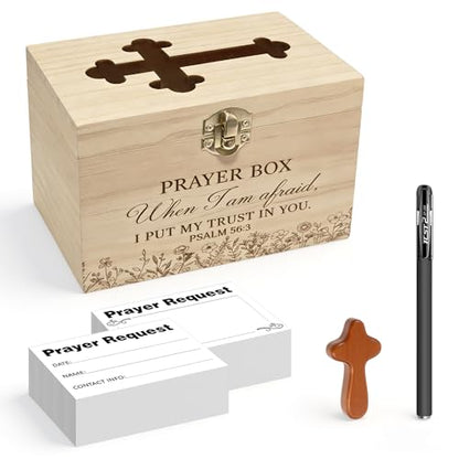 Prayer Box with Slot,100 Catholic Prayer Request Cards-Pen and Cross Jewelry Gifts,Used for Daily in Church Worship and Religious Devotions,Christian First Communion Gifts. (100)