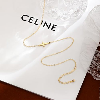 Cross Necklace for Women 14K Gold Silver Plated Small Cross Necklace Dainty Cross Pendant Choker Simple Trendy Cute Sideway Cross Charm Chain Necklaces for Women Trendy Christian Baptism Religious Faith Jewelry Gifts - size: Gold-214