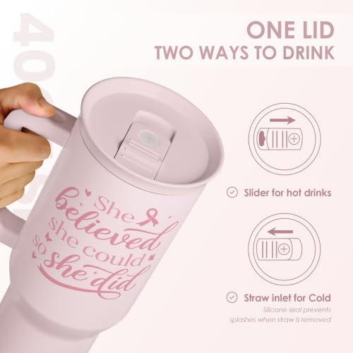 Breast Cancer Awareness Stainless Steel Slider Tumbler with Handle 40 Ounces with Lid, Travel Cup, Insulated Bottles for Girls Women - color: Breast Cancer Awareness