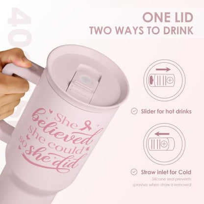 Breast Cancer Awareness Stainless Steel Slider Tumbler with Handle 40 Ounces with Lid, Travel Cup, Insulated Bottles for Girls Women - color: Breast Cancer Awareness