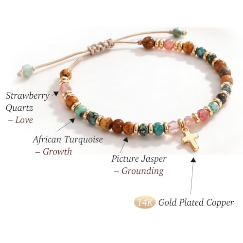 Christian Gifts for Women, Cross Bracelet, Natural Stone Beaded Jewelry - color: Brown