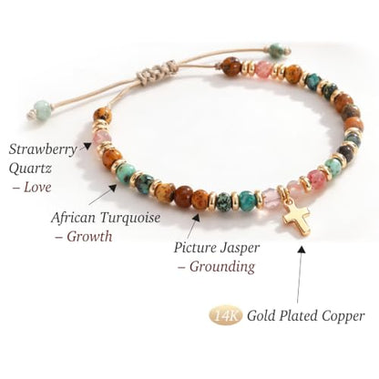 Christian Gifts for Women, Cross Bracelet, Natural Stone Beaded Jewelry - color: Brown
