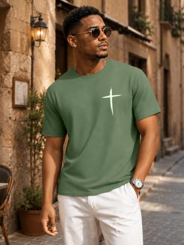 HOUZONIY Christian Tshirts for Men Cross Print Graphic Oversized Crewneck Jesus Faith Cotton Casual Short Sleeve Top Tee - color: Army Green, size: Large