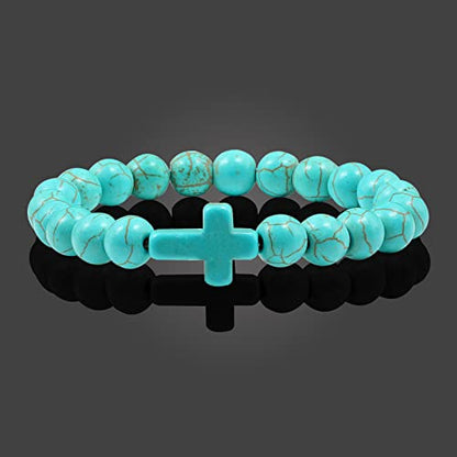 FORUBUS Lava Rock Stone Beaded Bracelet, Cross Charm Natural Volcanic Stone beads Turquoise Stretch Bracelet for Women Men Religion Jewelry Pray Baptism Gift - color: B 1pcs turquoise blue