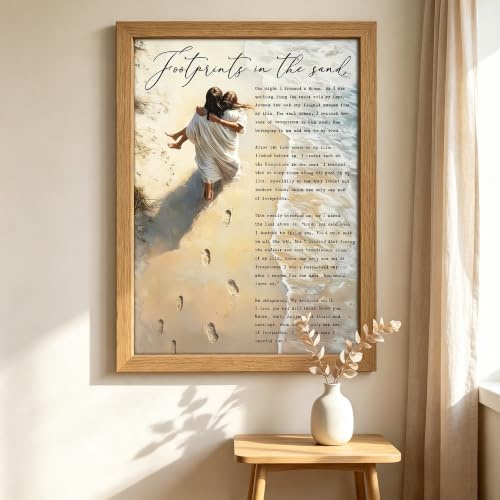 YOXORDQ Footprints in The Sand Poem Canvas Wall art,16x24in - color: Framed Footprints, size: 24"L x 16"W