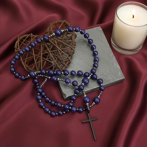 Nazareth Store Jasper Rosary Necklace – Catholic Handmade Rosary with Stone Beads, Hematite Spacers, and Black Alloy Cross – Durable Prayer Beads for Men and Women - color: Lapis Lazuli