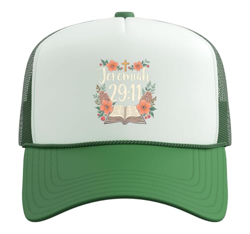 Jeremiah 29:11 Bible Verse Flowers Christian Faith Women Trucker Hat with Adjustable Mesh Back - color: Kelly Green/White