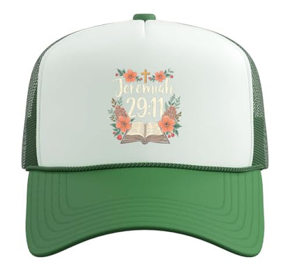 Jeremiah 29:11 Bible Verse Flowers Christian Faith Women Trucker Hat with Adjustable Mesh Back - color: Kelly Green/White