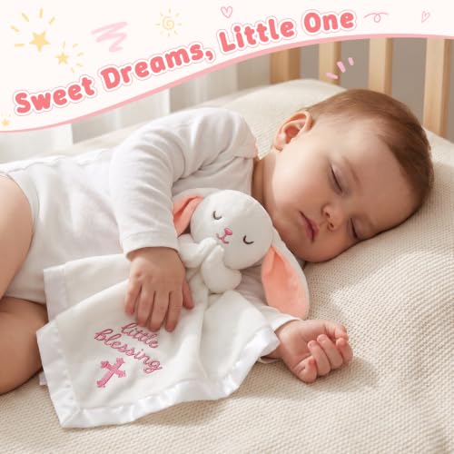 White Bunny Baptism Blanket, Loveys Baptism Gift for Baby Girls - color: White Bunny Pink Ears