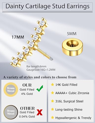 JeryWe Cartilage Earrings for Women Hypoallergenic Helix Piercing Jewelry - color: G:long cz-14k gold filled