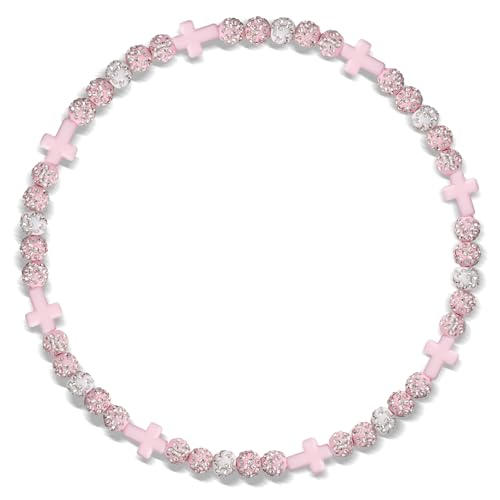 Beaded Baseball Necklace | Adjustable Sports Rope Chain with Baseball Cross Charm - Great Baseball Drip Gift for Players and Fans - color: Pink White Pink