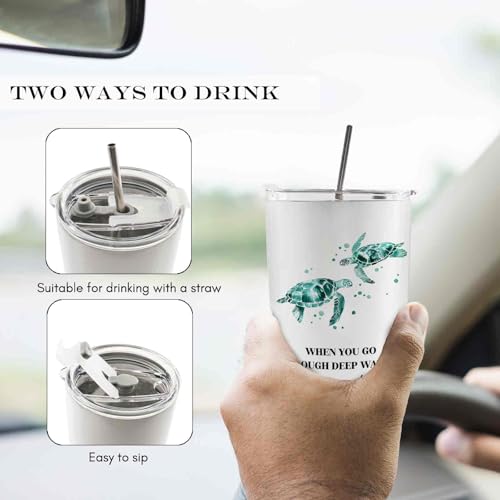Christian Sea Turtle 20oz Travel Coffee Mug Tumbler, Christian Gifts for Women, When You Go Through Deep Waters Bible Verse Religious Stainless Steel Tumbler with Lid and Straw - color: Deepwater
