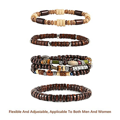 HZMAN Handmade Hemp Cords Wood Beads Leather Bracelets for Men Women - style: Bohemian