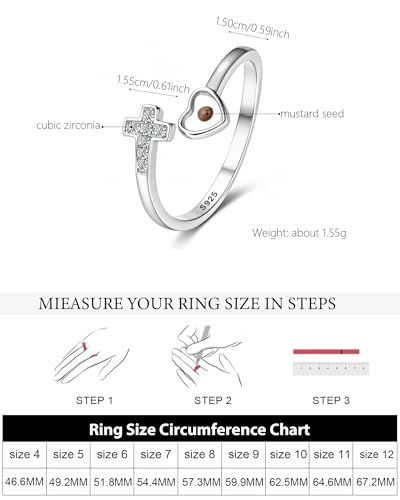 SUYACS 925 Sterling Silver Mustard Seed Heart Cross Rings for Women - color: Silver
