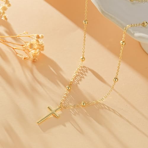 Cross Necklace for Women, Dainty 14K Gold Plated Cross Pendant Simple Long Necklaces for Women, Christian Faith Necklace Trendy Gold Jewelry Gifts for Easter - color: gold bead cross necklace