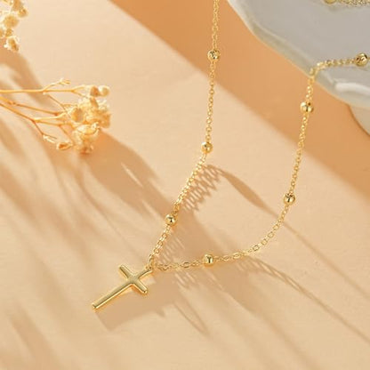 Cross Necklace for Women, Dainty 14K Gold Plated Cross Pendant Simple Long Necklaces for Women, Christian Faith Necklace Trendy Gold Jewelry Gifts for Easter - color: gold bead cross necklace