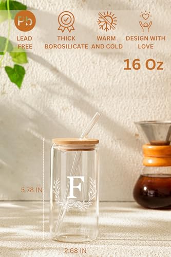 Personalized Gifts for Women, Monogrammed 16oz Glass Cups with Bamboo Lids and Straws, Customized Glass Tumbler, Cute Custom Mug, Customizable Initial Iced Coffee Glasses, Birthday Bridesmaid Mom, F - style: F
