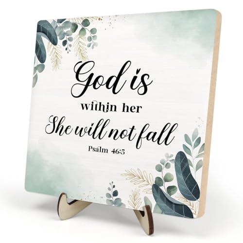 Bible Verses Wooden Plaque Sign, God Is Within Her She Will Not Fall Psalm 46:5 Christian Sign for Home Office Desk Decor, Inspirational Christian Bible Verse Sign Decor (White, 5.9x5.9inches) - color: White