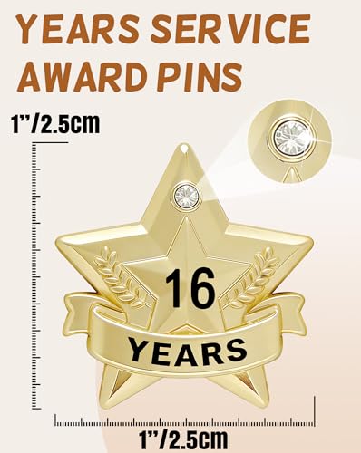 Years of Service Pins, Gold Star Pin for 1-30 Year Work Anniversary, Long Standing Employee Recognition Award Star Pins for Staff, Team & Volunteers - style: 16 Years