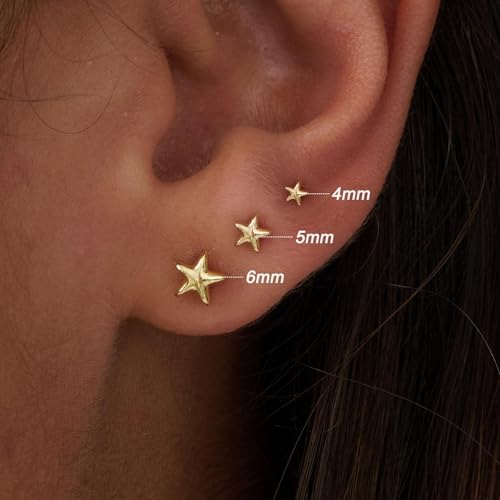 3 Pair Tiny Flat Back Earrings for Women - 14K Gold/White Gold Plated Dainty Cute Small Screw Flatback Stud Earring, Everyday Wear Gift - color: Gold-Star Flat 4/5/6mm