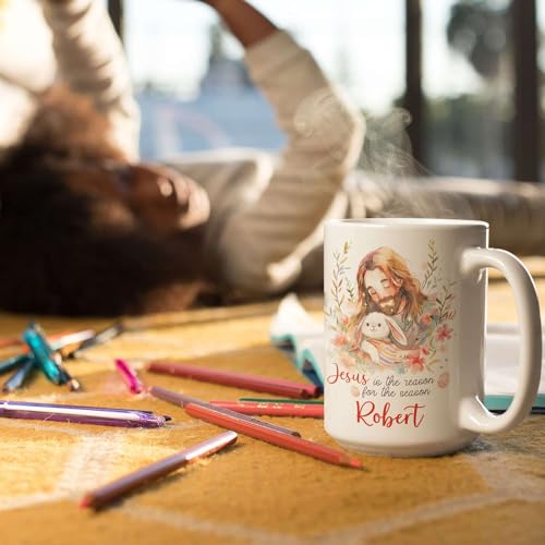 Customized Cup Featuring Jesus And Bunny Illustration, Christian Coffee Mug 11oz 15oz, Custom Name Religious Cup For Adults, Personalized Christian Ceramic Mug, Gift For Christian Holiday - color: XUA-324-1553-JESUS AND RABBIT MUG