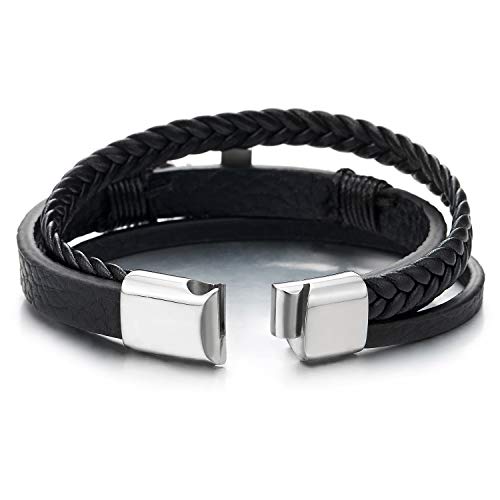 COOLSTEELANDBEYOND Mens Women Steel Horizontal Sideway Lateral Flat Cross Multi-Strand Leather Bangle Bracelet - color: C-Metal Color: Silver; Leather Color: Black