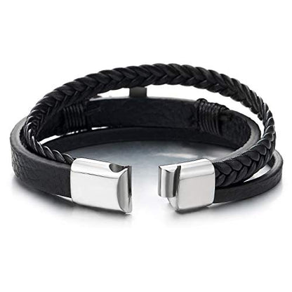COOLSTEELANDBEYOND Mens Women Steel Horizontal Sideway Lateral Flat Cross Multi-Strand Leather Bangle Bracelet - color: C-Metal Color: Silver; Leather Color: Black