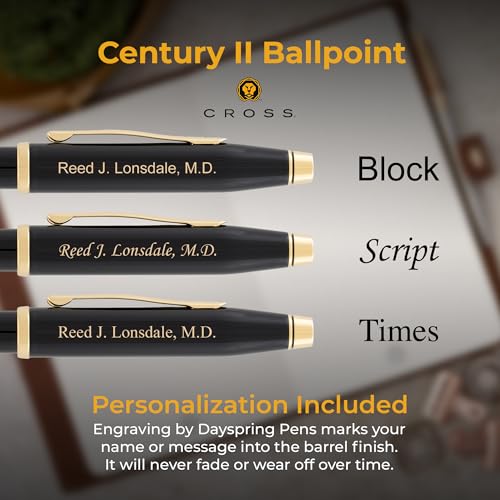 Cross Century II Personalized Ballpoint Pen in Black Lacquer with Gold Trim - color: Black