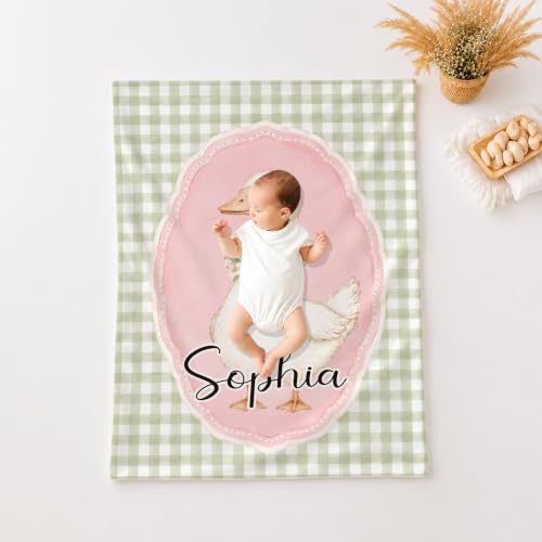 Personalized Goose Baby Blanket, Green Gingham Nursery Throw Gift - color: #Ver3